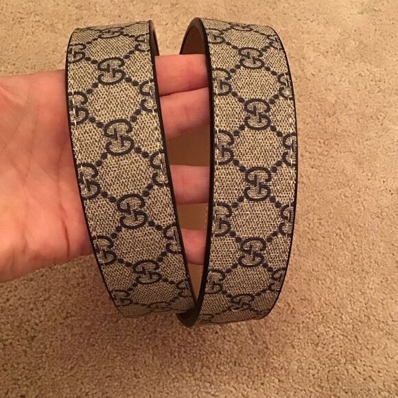 Gucci Gray/Navy Blue GG Supreme Canvas GG Buckle Belt Unisex - Picture 2 of 9